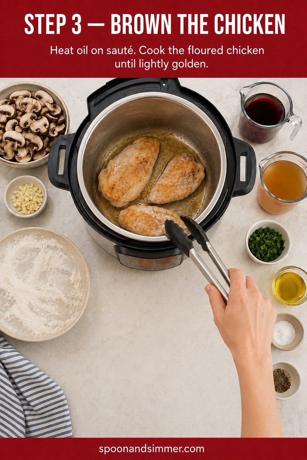 Browning floured chicken cutlets in an Instant Pot set to sauté for chicken marsala