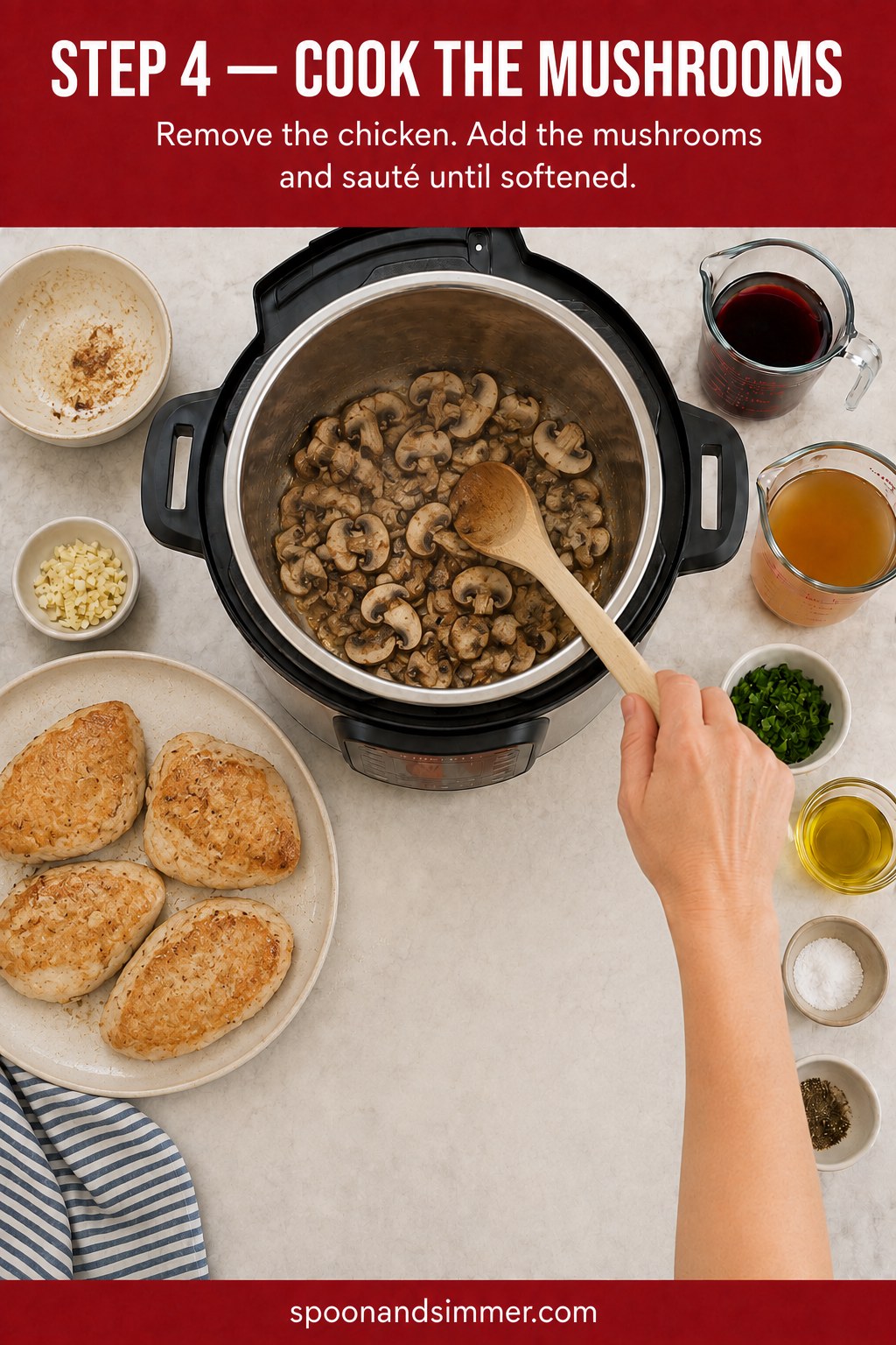 Sautéing sliced mushrooms in an Instant Pot after removing browned chicken cutlets