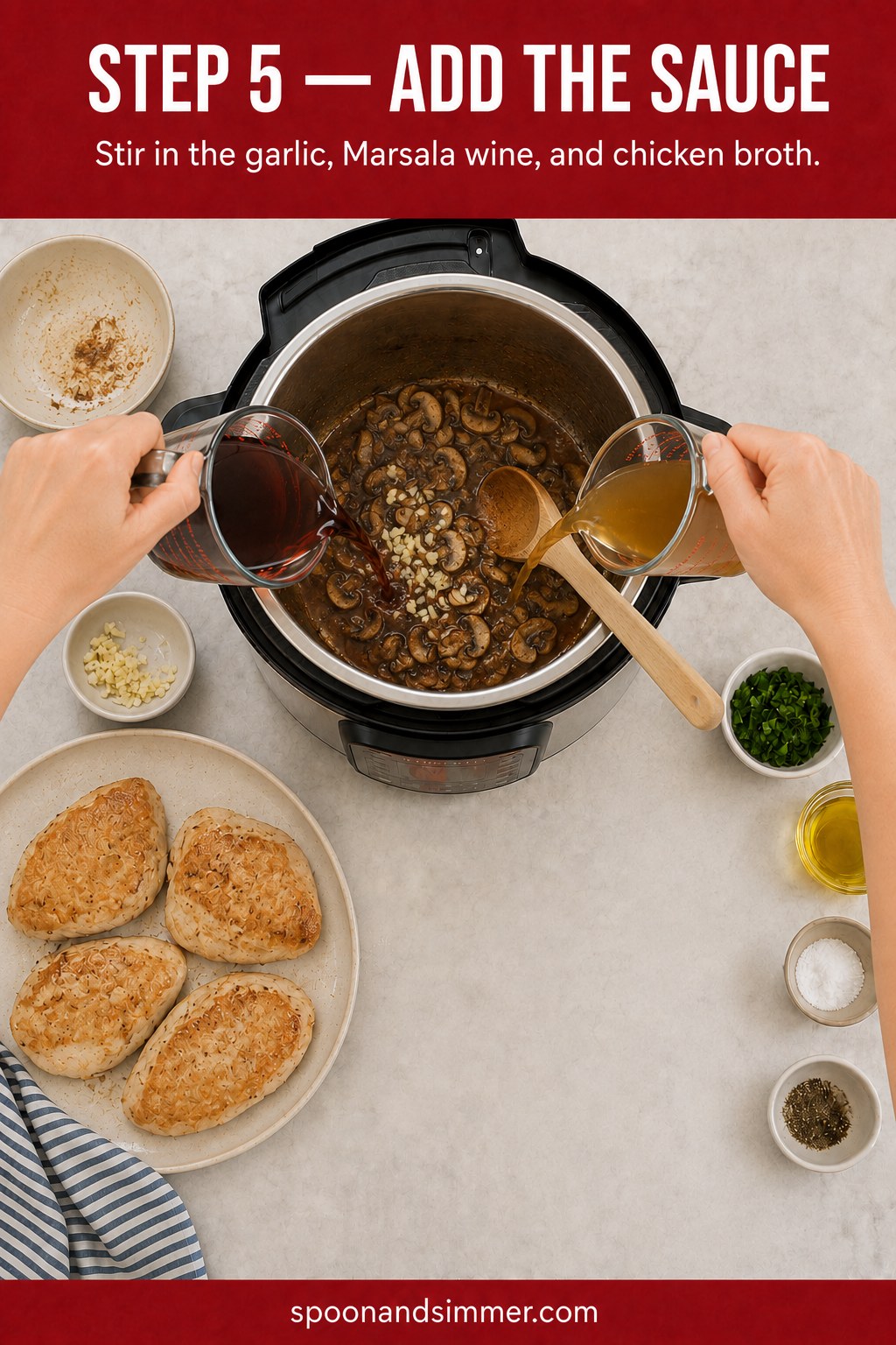 Pouring Marsala wine and chicken broth into an Instant Pot with mushrooms and garlic