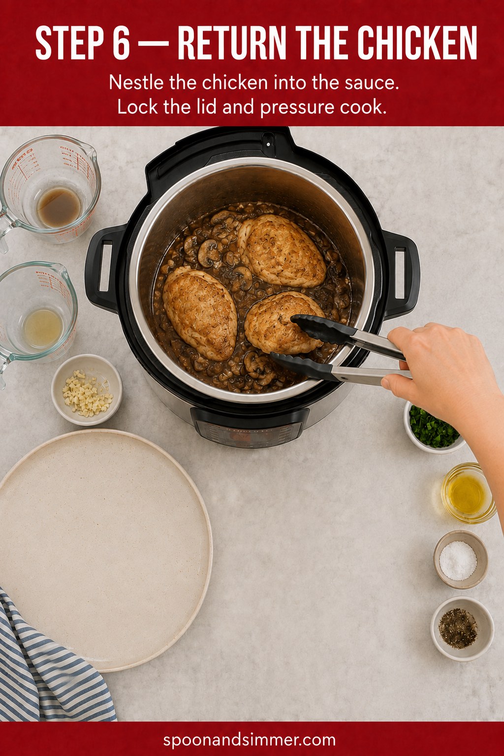 Nestling browned chicken cutlets into mushroom sauce before pressure cooking chicken marsala