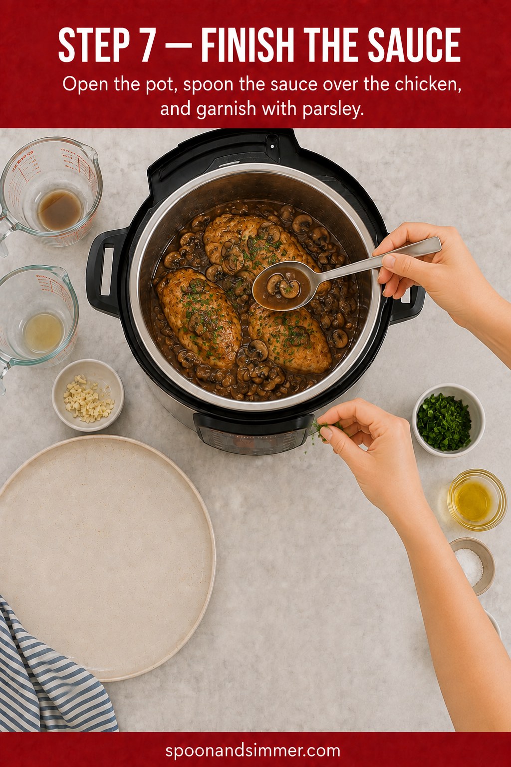 Spooning finished Marsala sauce over chicken cutlets and garnishing with parsley