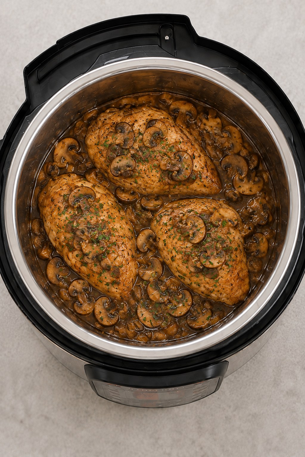 Overhead view of finished Instant Pot chicken marsala with mushrooms in the pot