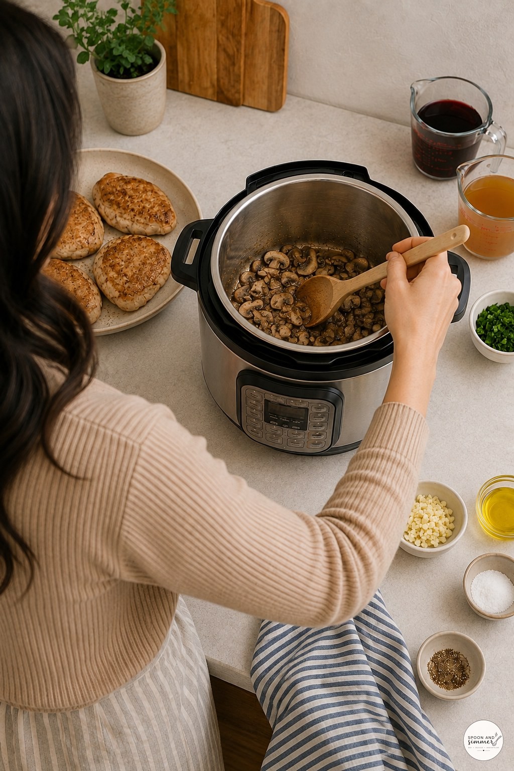 Cooking sliced mushrooms in an Instant Pot next to a plate of browned chicken cutlets