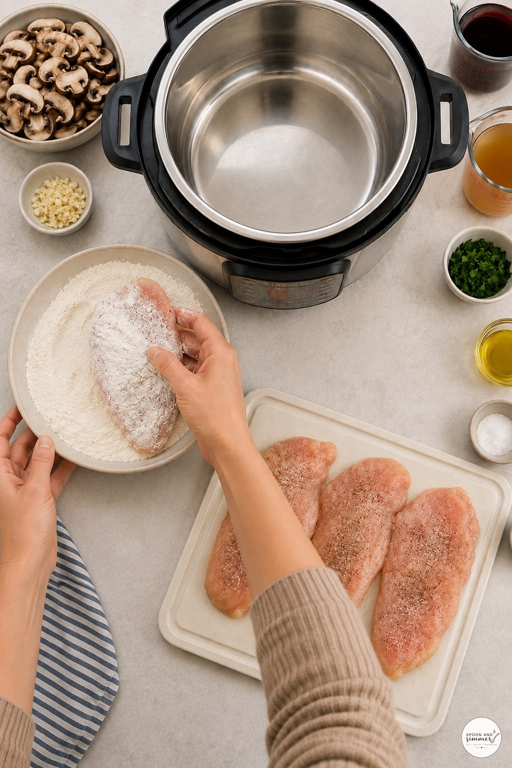 Dredging a chicken cutlet in flour with a light coating for Instant Pot chicken marsala