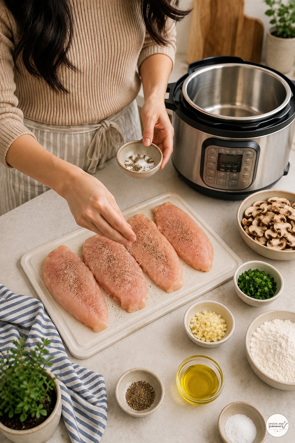 Home cook seasoning chicken cutlets on a cutting board beside an Instant Pot and prepped ingredients