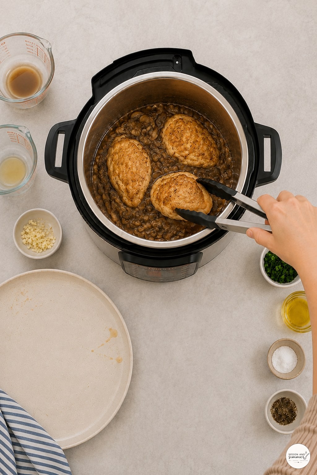 Placing browned chicken cutlets into sauce in an Instant Pot before sealing the lid
