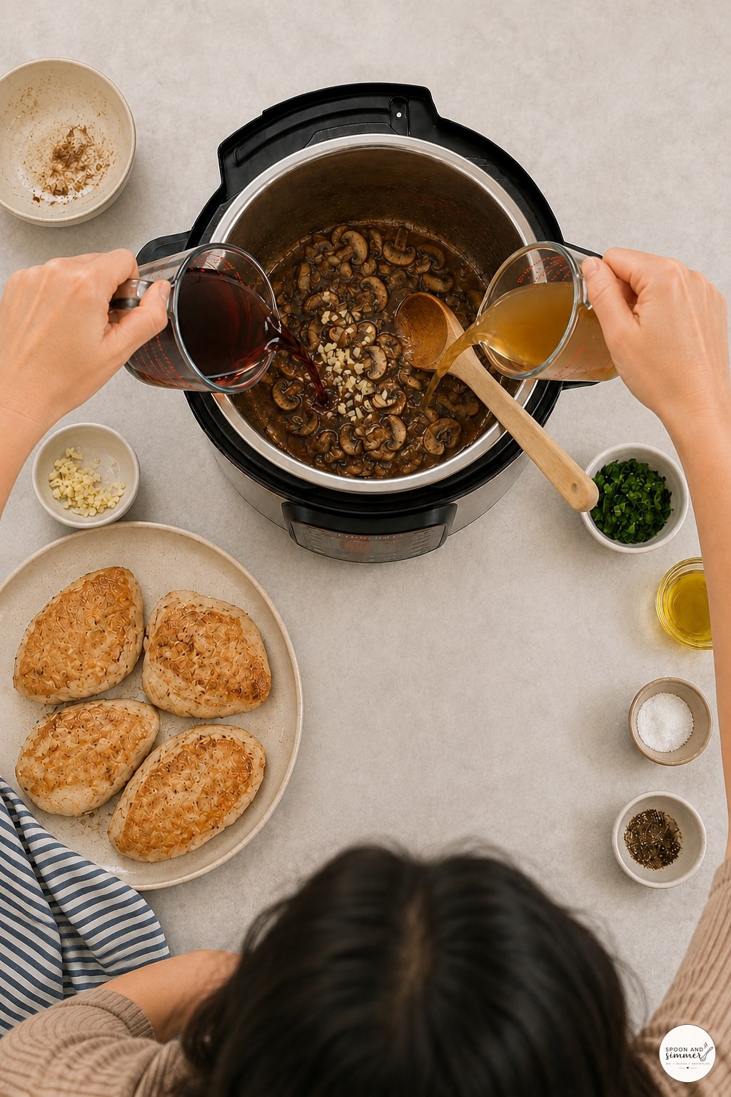 Pouring Marsala wine and chicken broth into an Instant Pot with sautéed mushrooms
