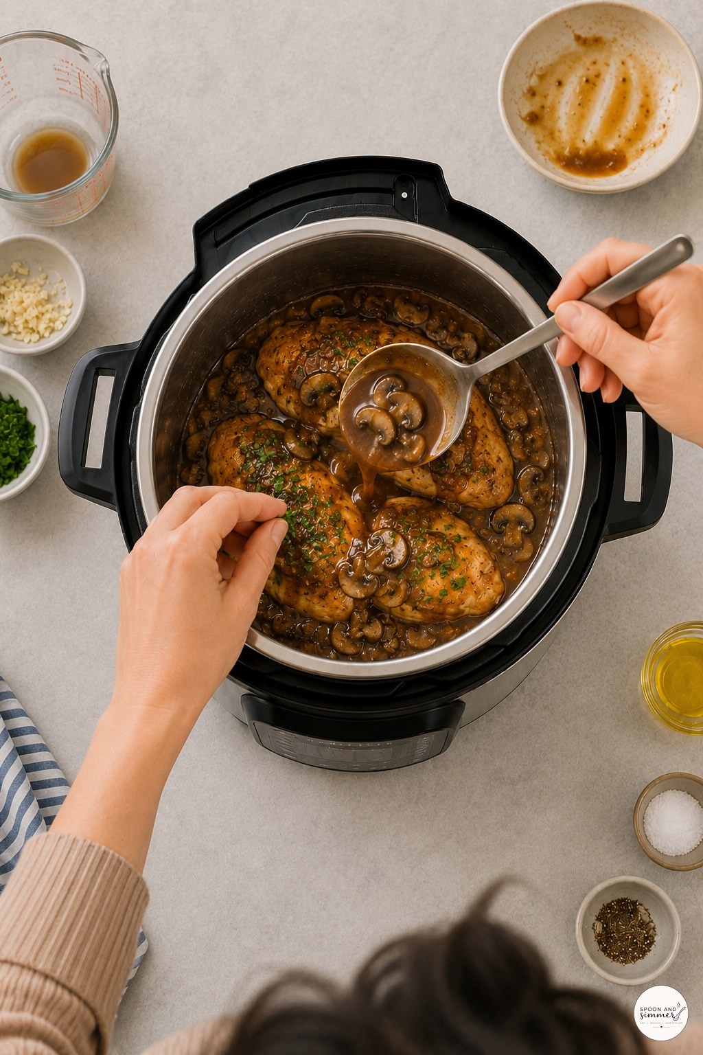 Spooning Marsala sauce over cooked chicken cutlets and adding fresh parsley garnish