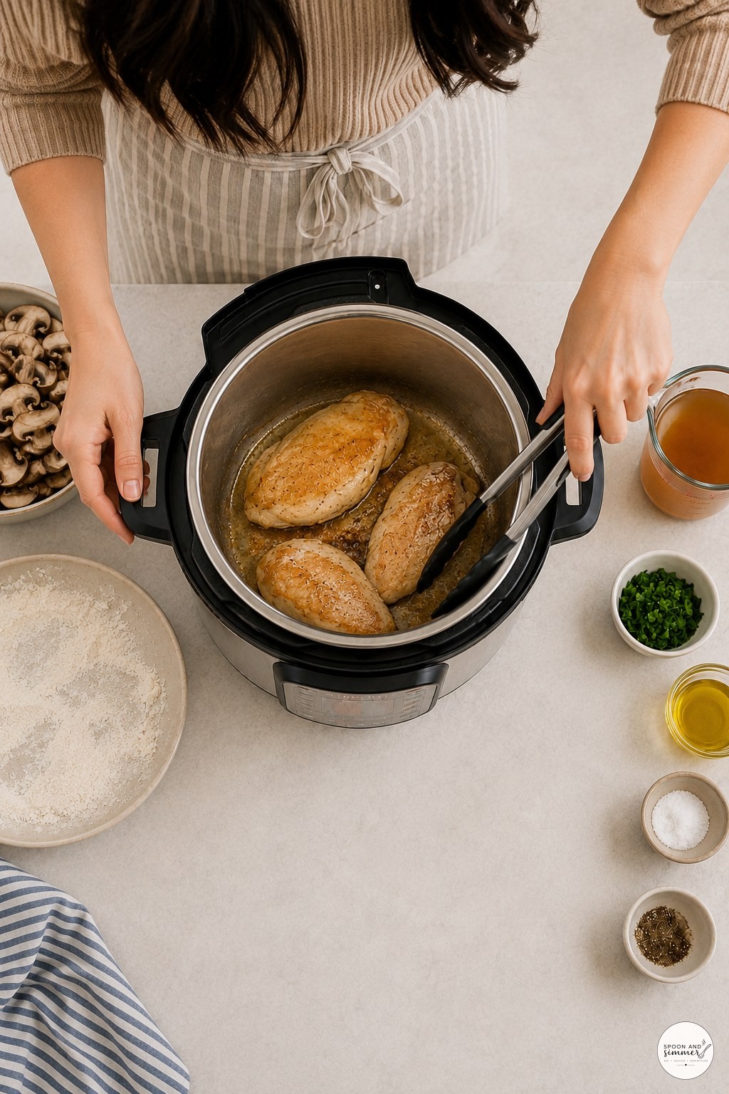 Tongs turning browned chicken cutlets in an Instant Pot during the sauté step