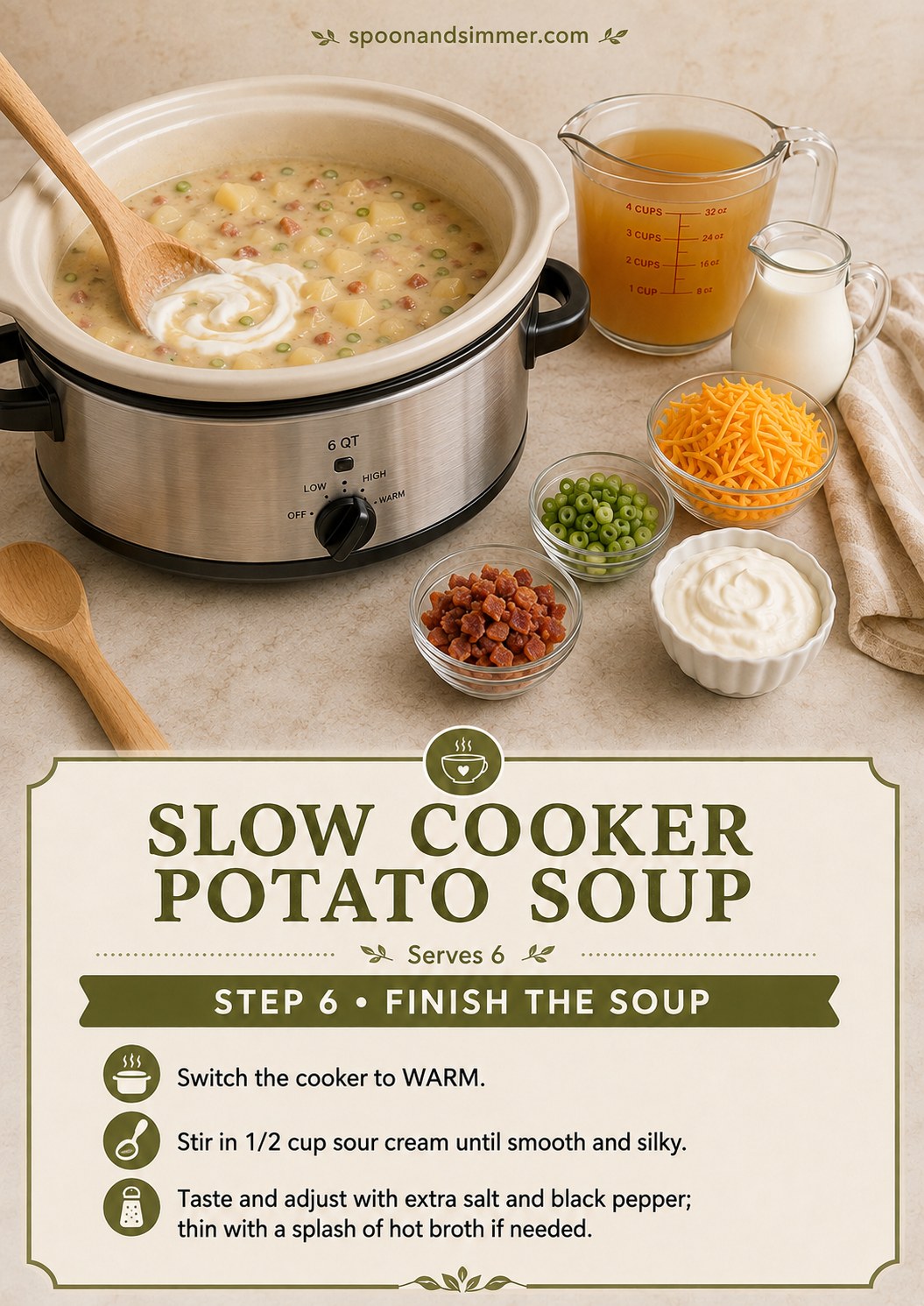 Stirring sour cream into finished loaded baked potato soup for a silky texture
