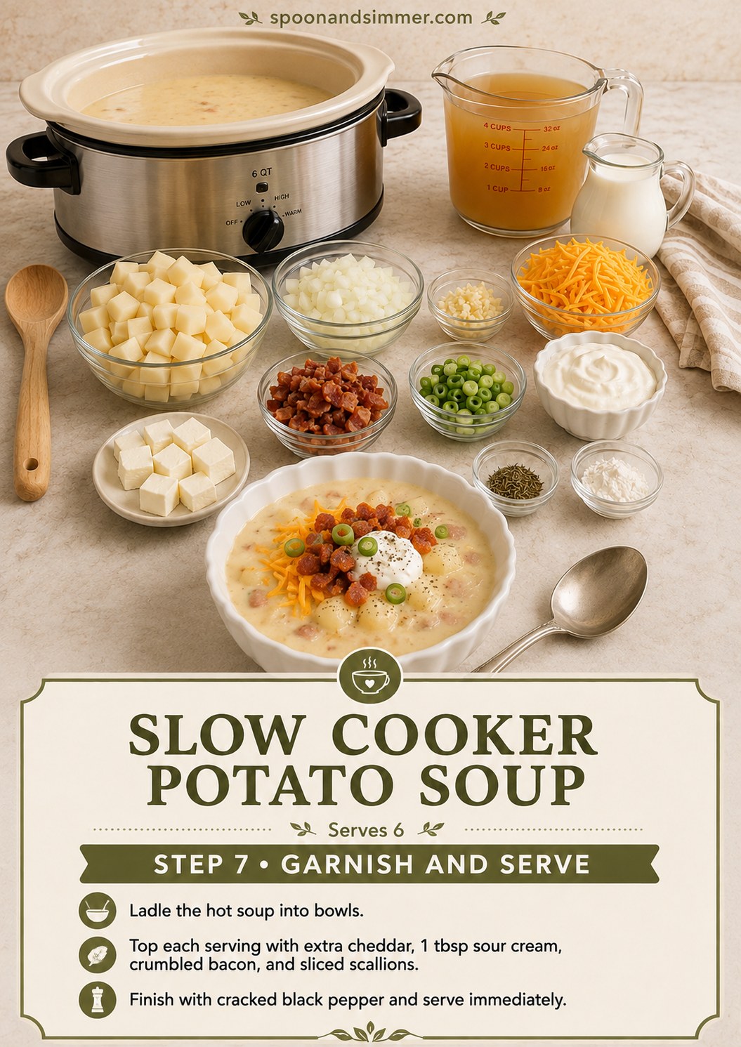 Ladling loaded baked potato soup into bowls and topping with bacon and cheddar