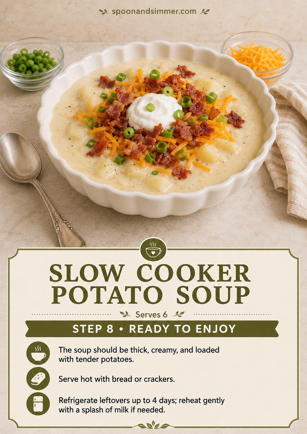A bowl of loaded baked potato soup garnished with cheddar, bacon, peas, and sour cream