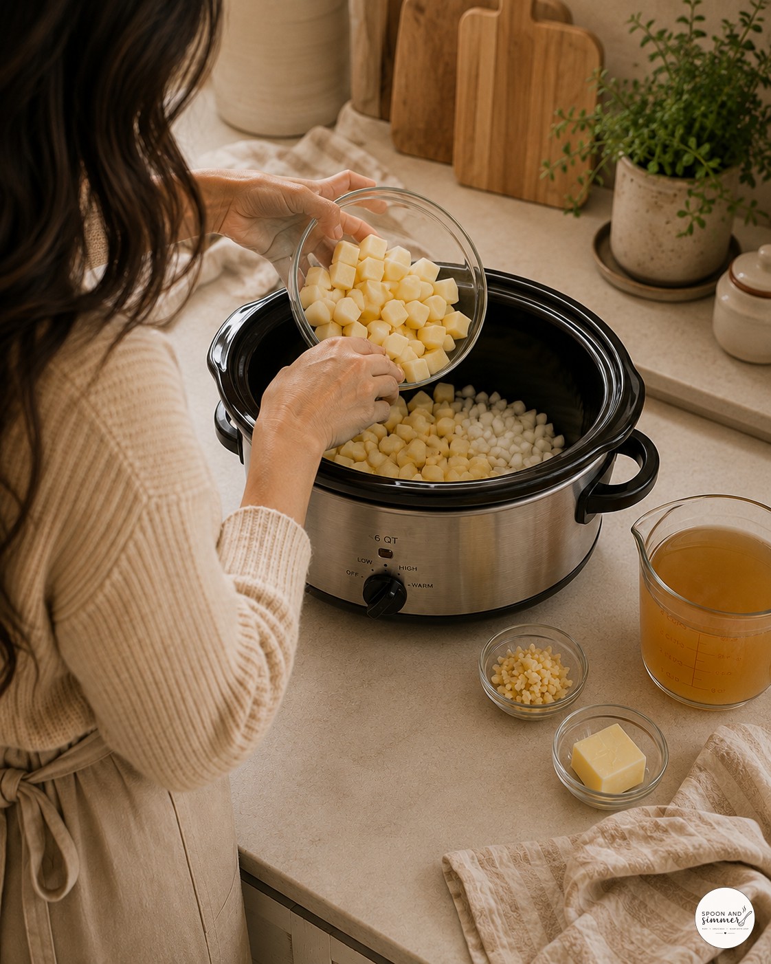 Adding cubed potatoes into a slow cooker insert to start loaded baked potato soup