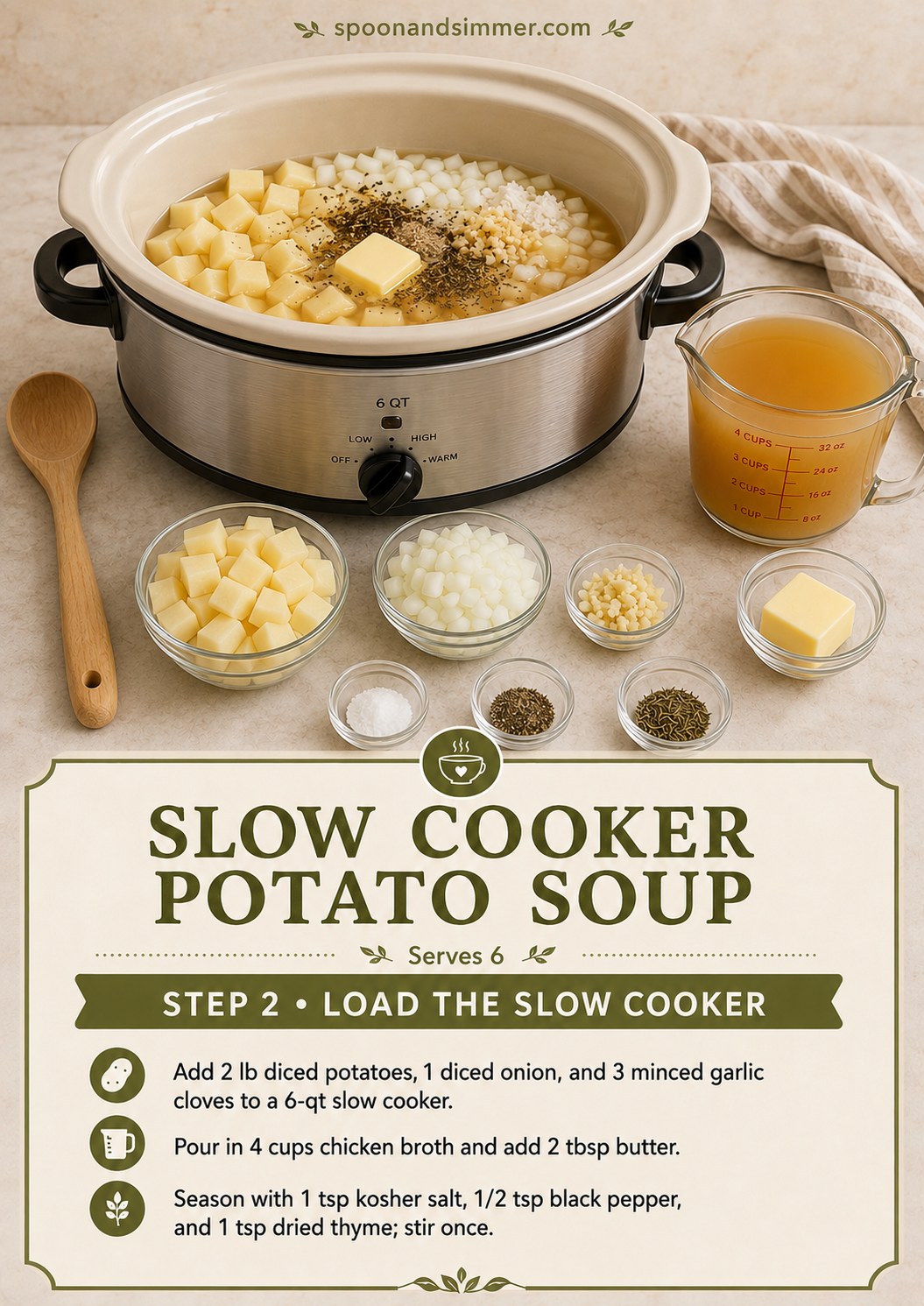 Diced potatoes, onion, and broth loaded into a slow cooker for loaded baked potato soup