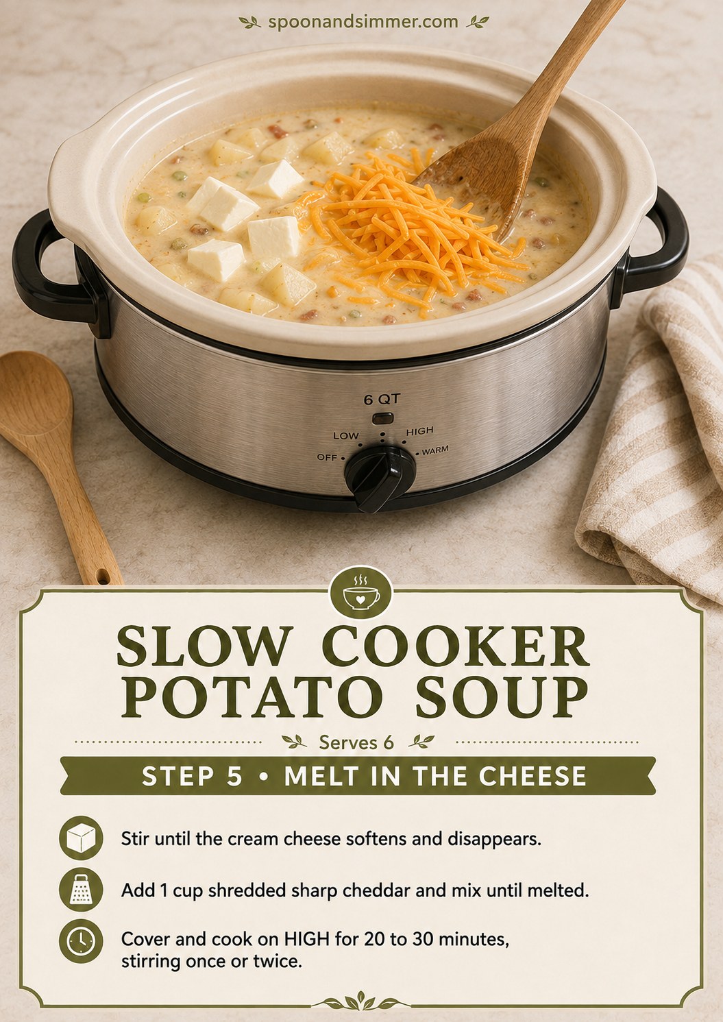 Melting cubed cream cheese and shredded cheddar into loaded baked potato soup
