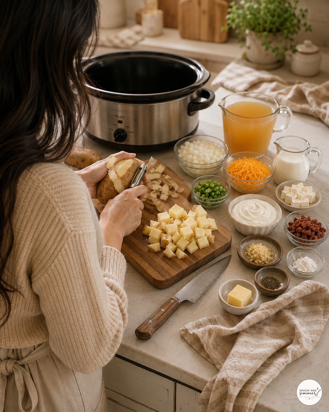 Dicing russet potatoes by hand for a real batch of loaded baked potato soup at home