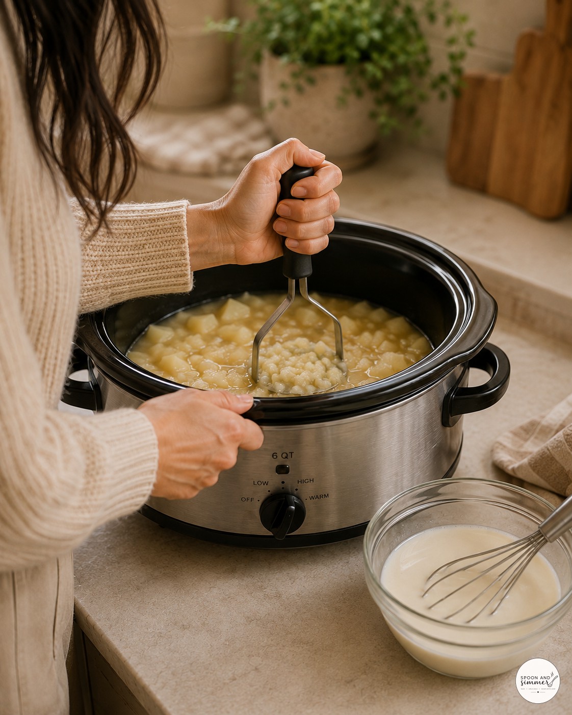 Hand-mashing potatoes right in the slow cooker for chunky loaded baked potato soup