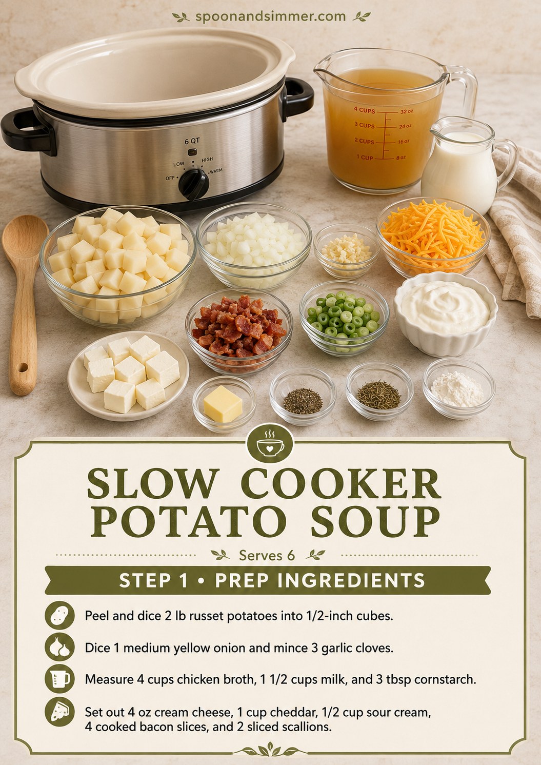 Ingredients for loaded baked potato soup prepped and measured before slow cooking begins