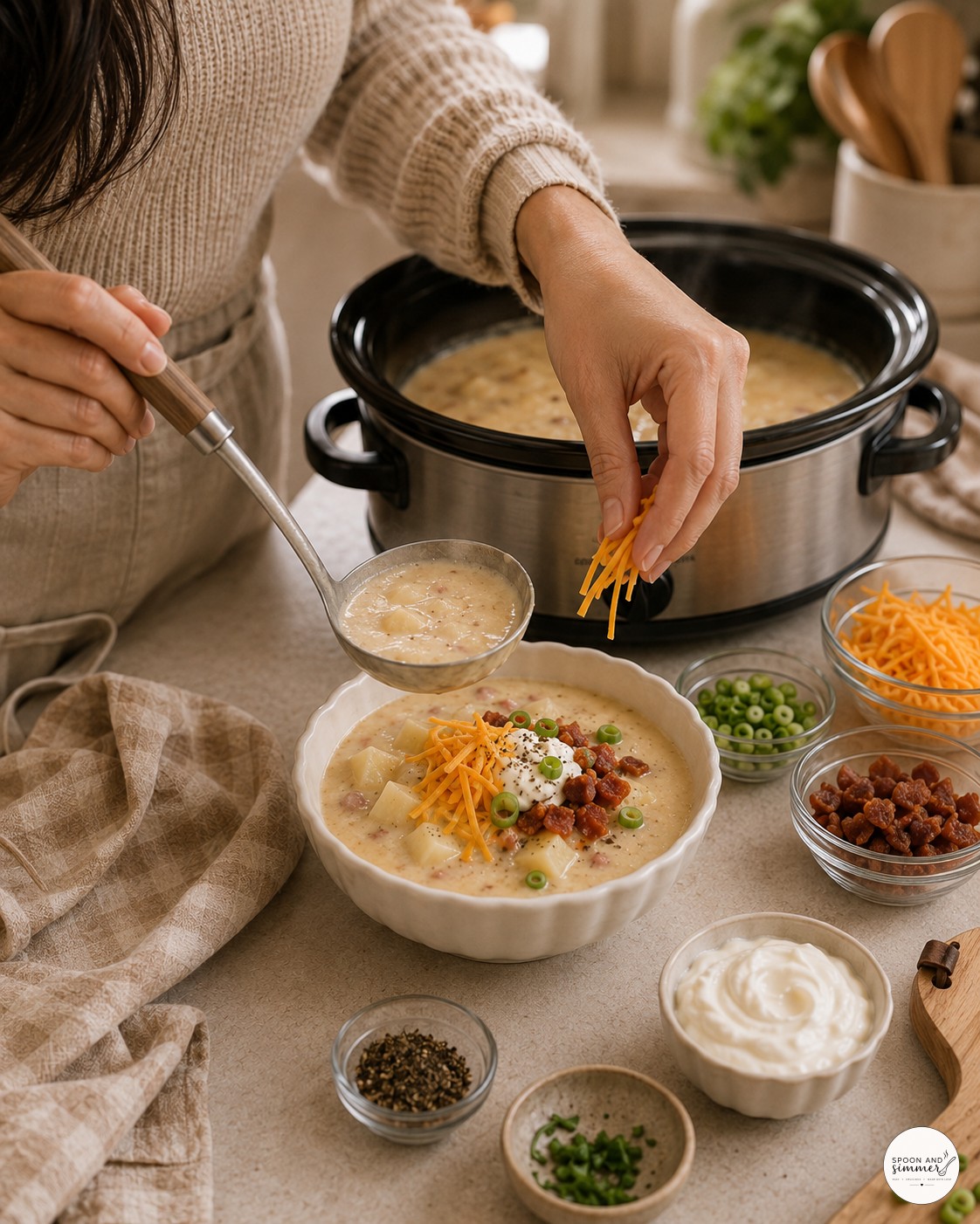 Ladling loaded baked potato soup into a bowl and adding fresh bacon on top