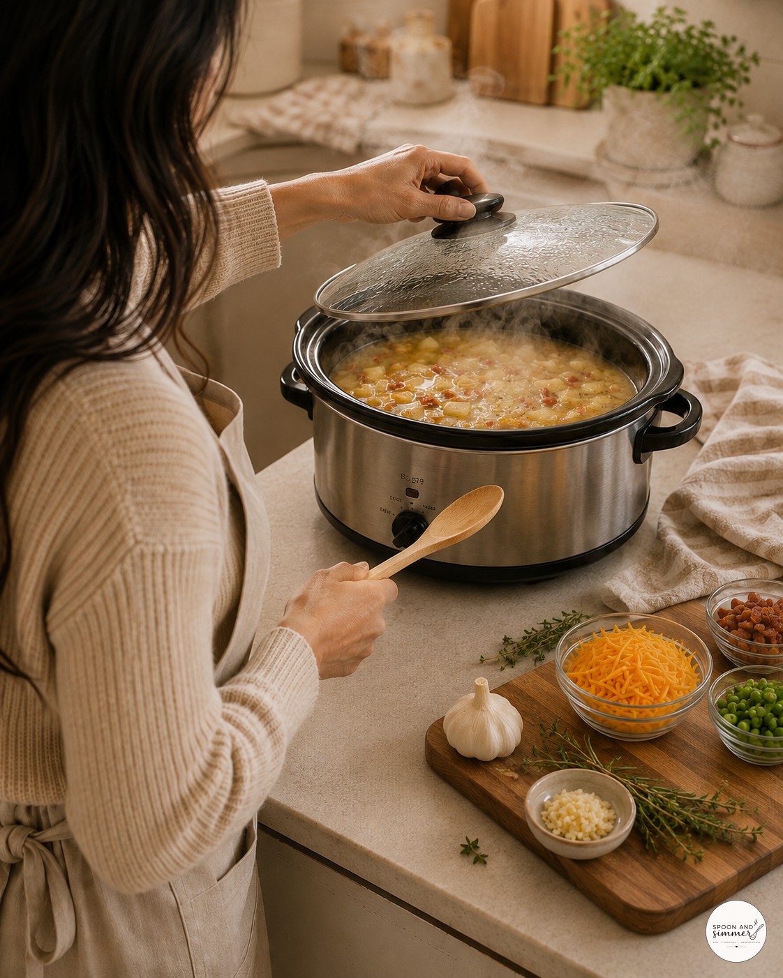 Lifting the slow cooker lid to check on simmering loaded baked potato soup