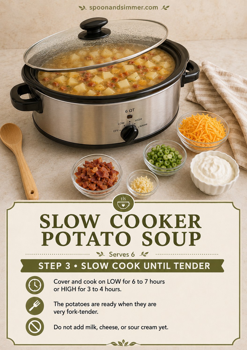 Slow cooker loaded baked potato soup simmering until the potatoes turn fork-tender