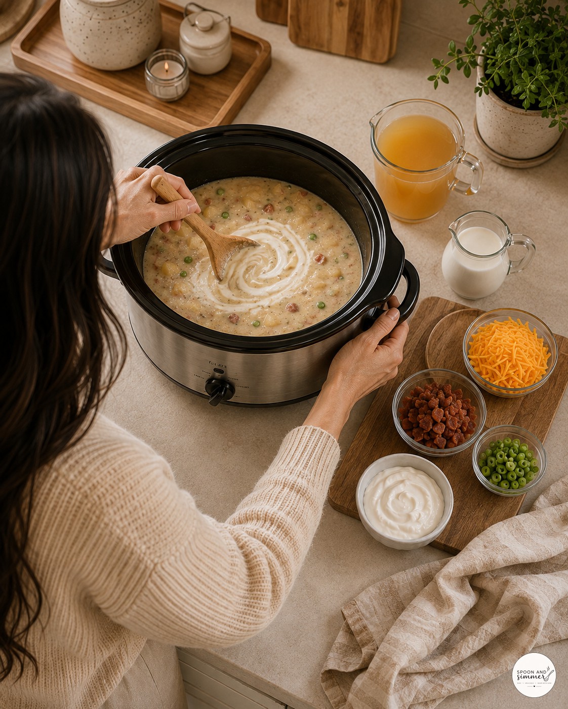 Overhead view of a swirl of sour cream on finished loaded baked potato soup