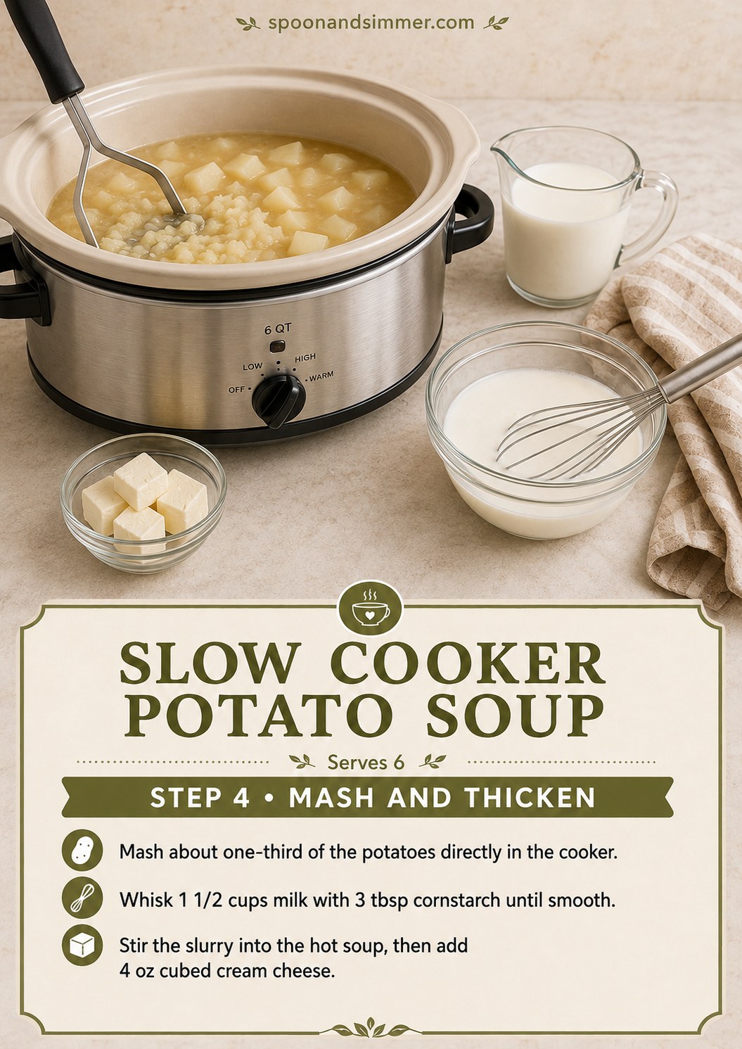 Mashing potatoes and stirring in a milk slurry to thicken loaded baked potato soup