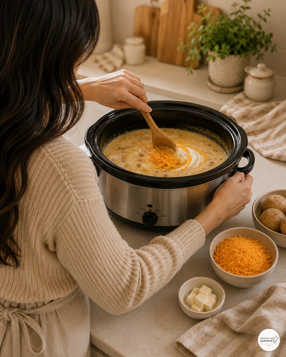 Stirring melted cheddar into creamy loaded baked potato soup with a wooden spoon