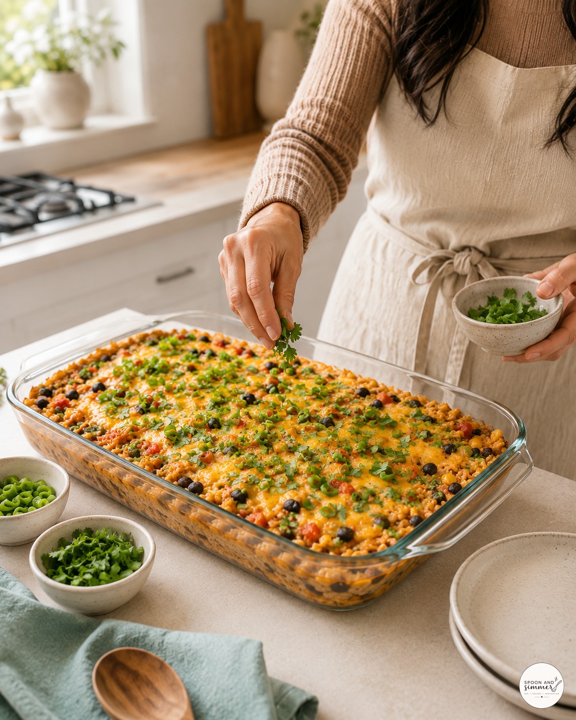 Adding fresh cilantro to a baked one-pan chicken burrito casserole in a glass dish