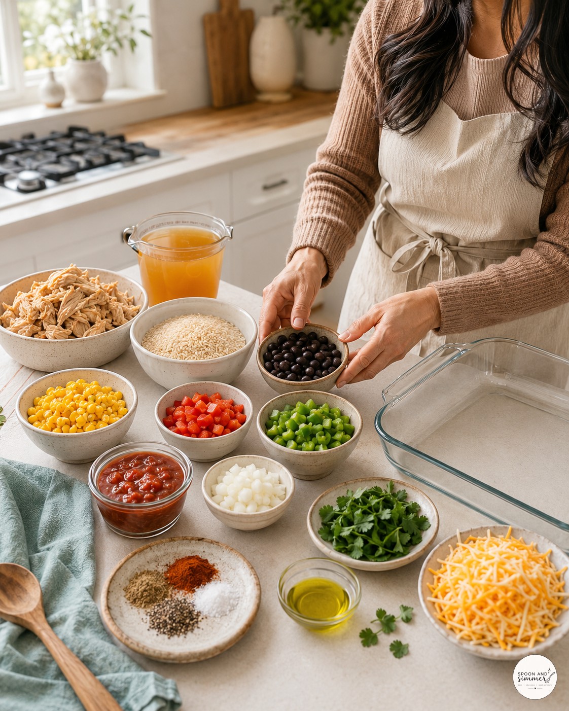 Bowls of prepped ingredients for one-pan chicken burrito casserole arranged on a kitchen counter