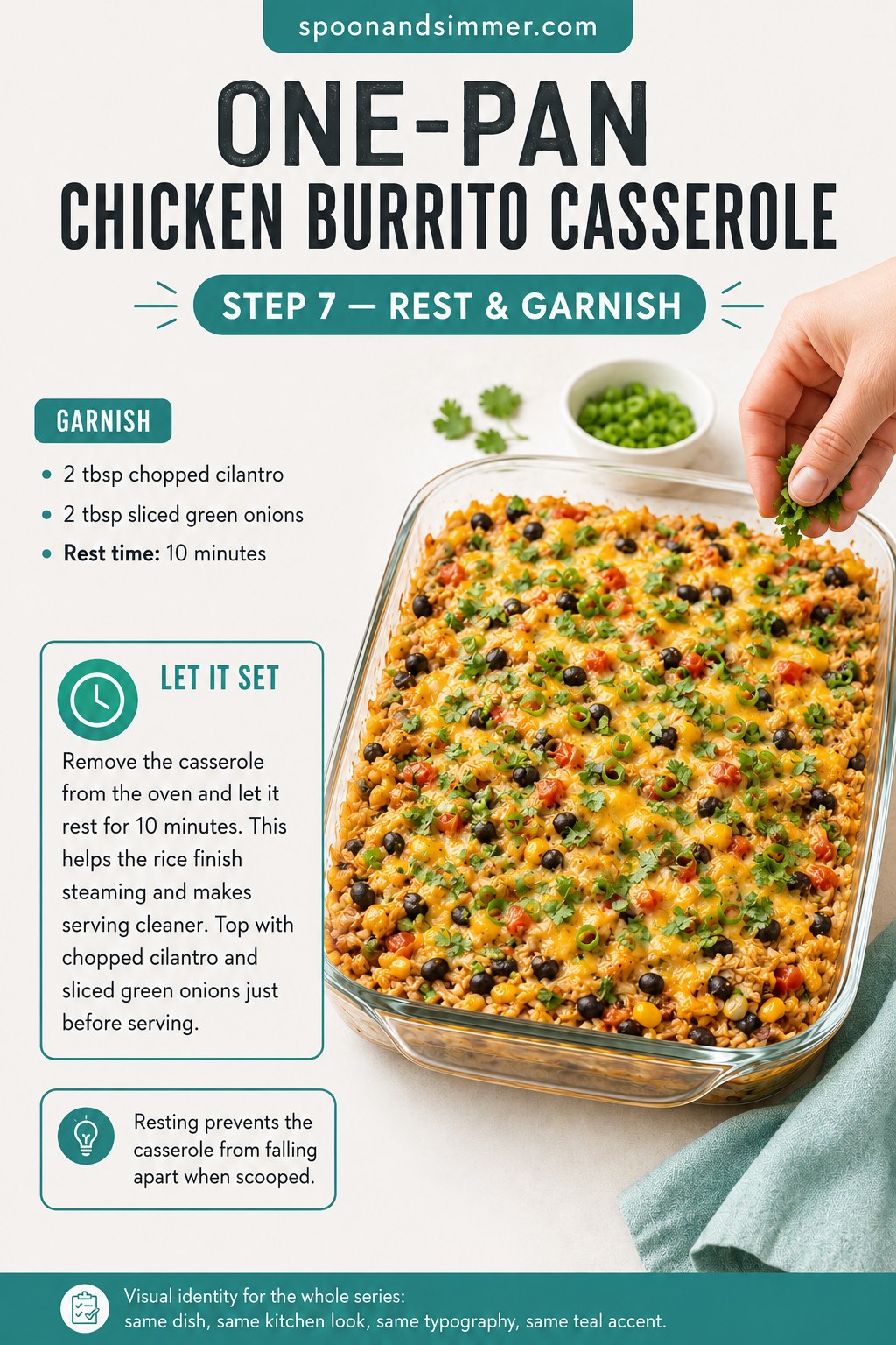Garnishing the rested one-pan chicken burrito casserole with cilantro and green onions