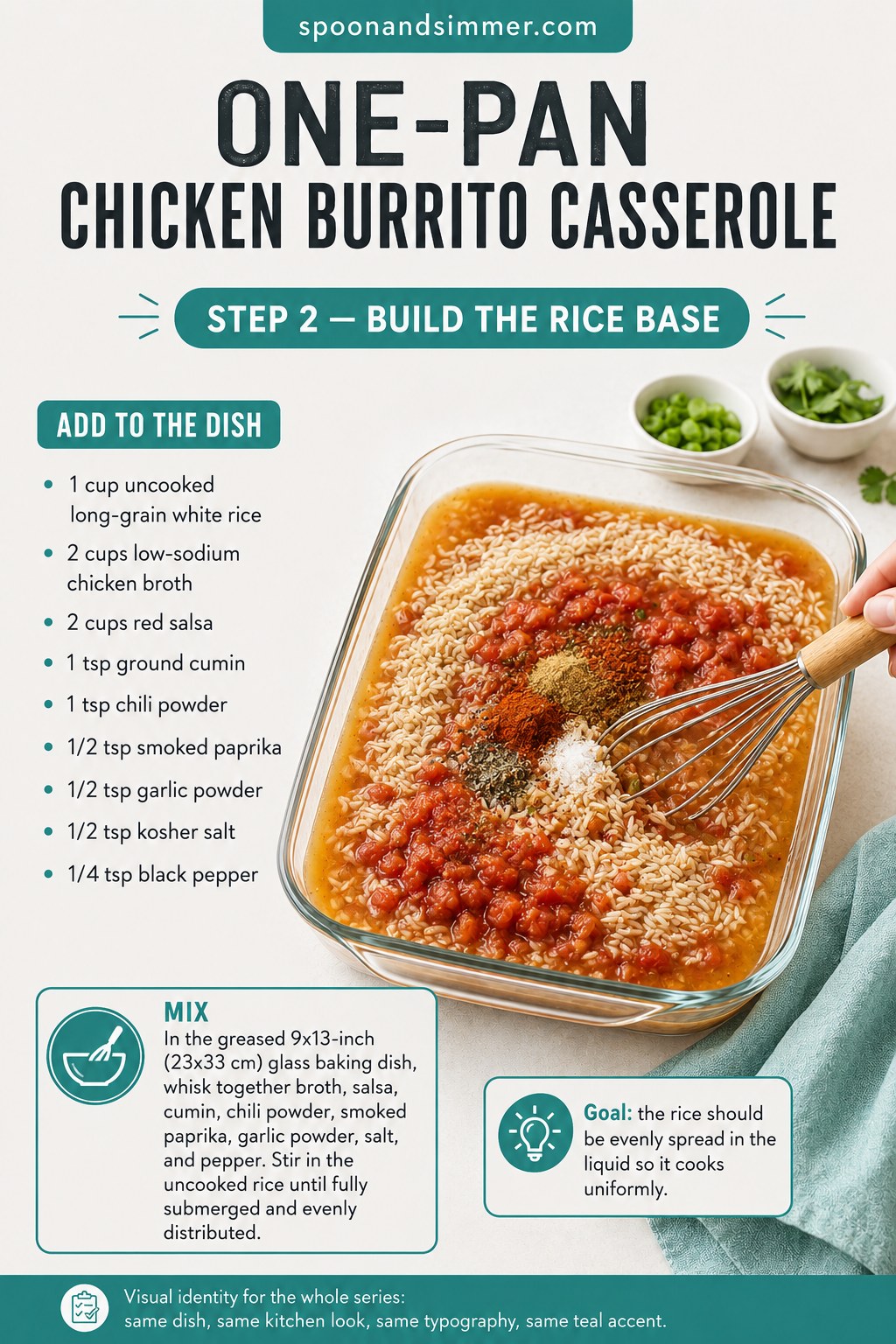Whisking salsa, broth and spices into rice for the one-pan chicken burrito casserole base