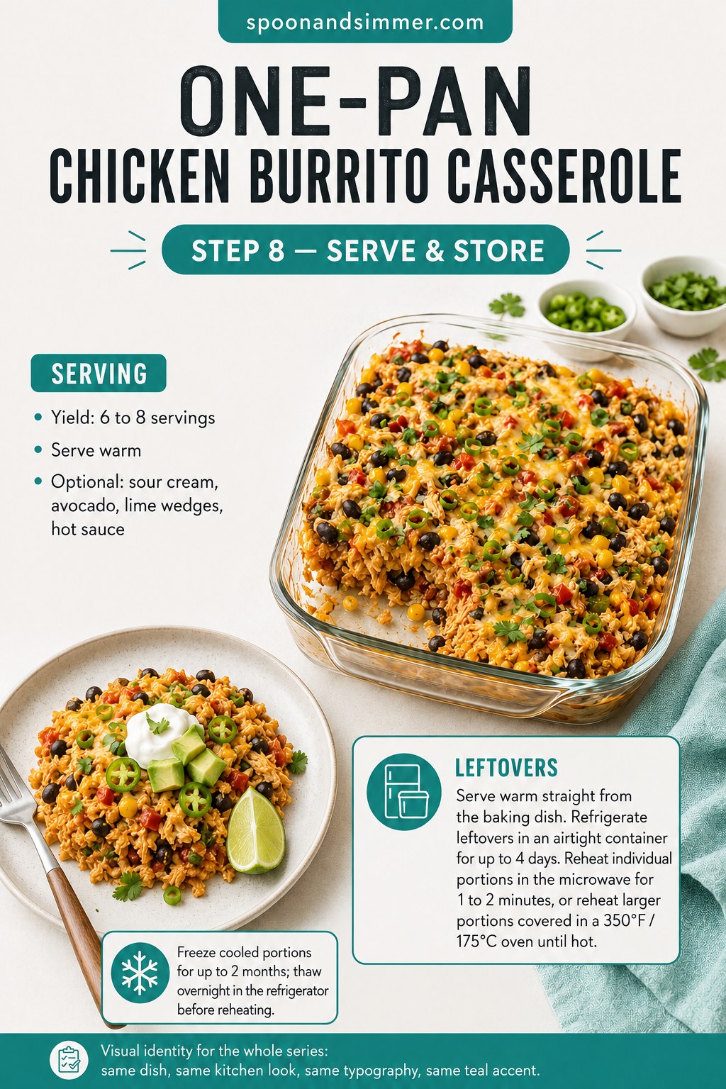 Serving a warm plate of one-pan chicken burrito casserole with lime, avocado and sour cream