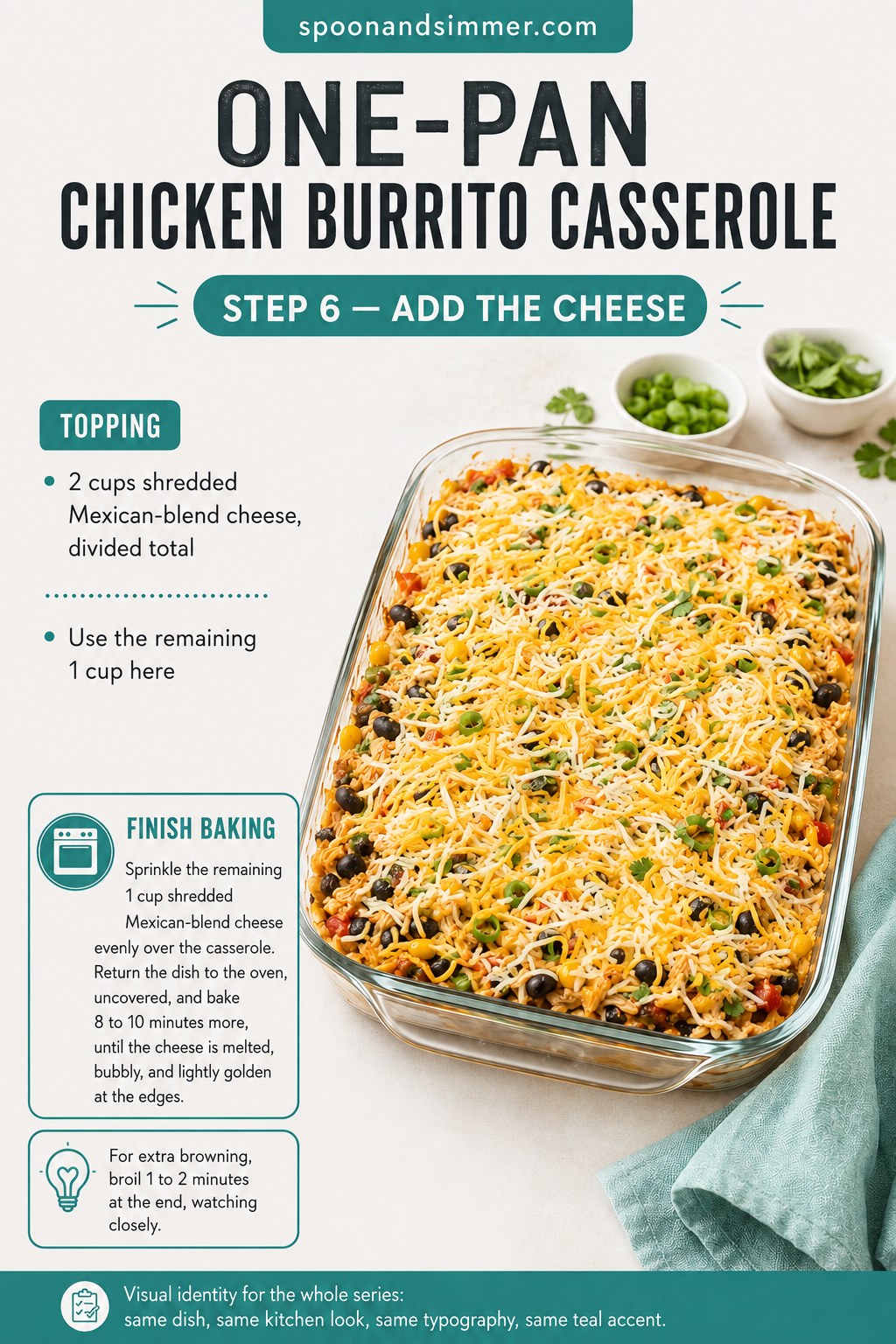 Sprinkling the last cup of cheese over the one-pan chicken burrito casserole before its final bake