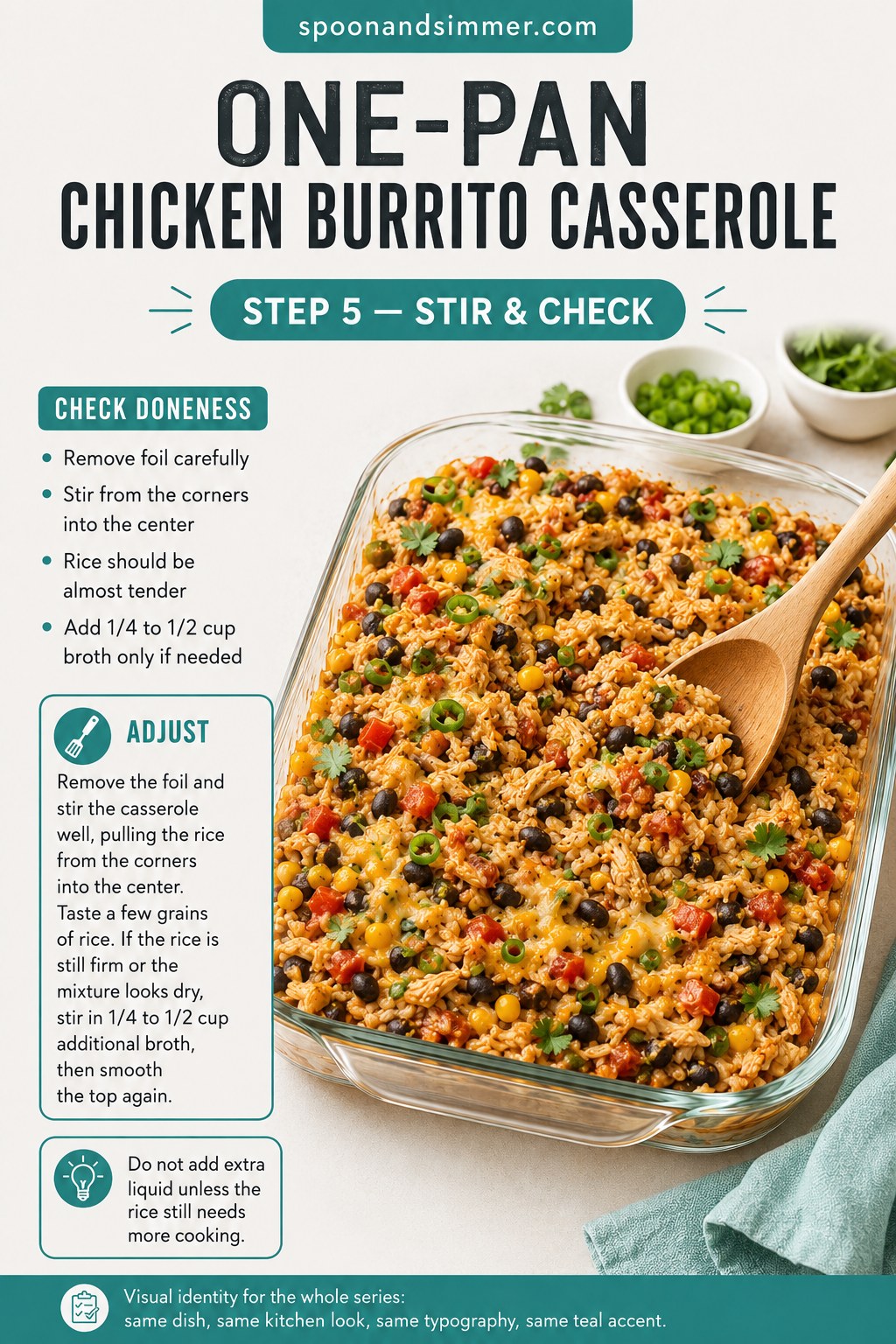 Checking rice doneness in the one-pan chicken burrito casserole after the foil comes off