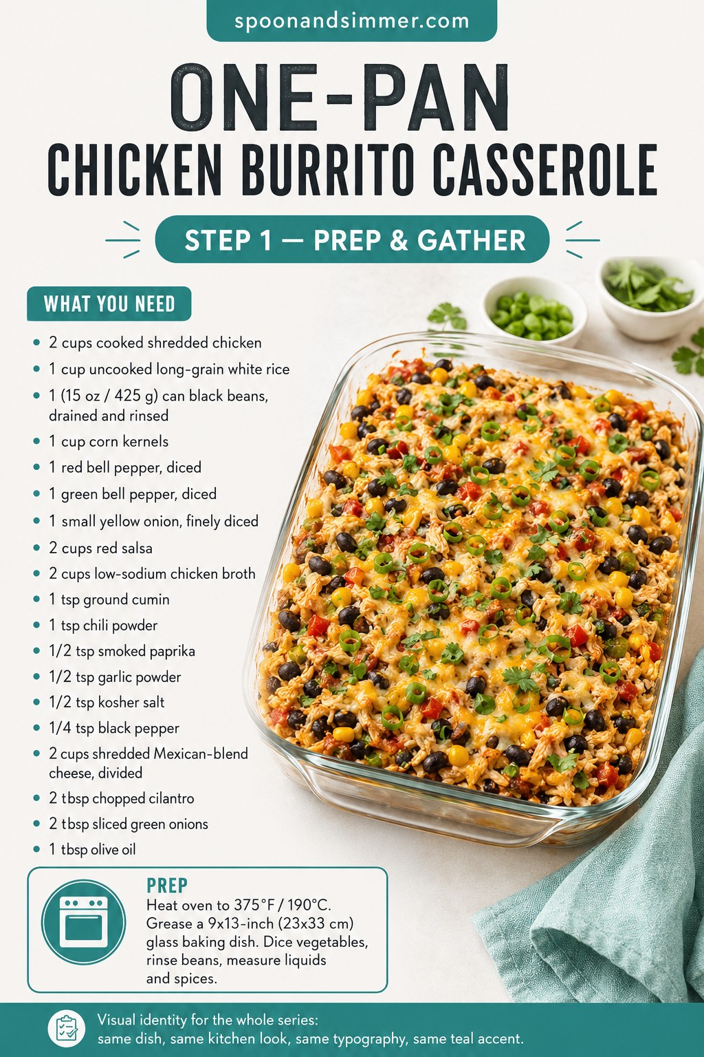 Ingredients laid out for one-pan chicken burrito casserole, from shredded chicken to Mexican cheese
