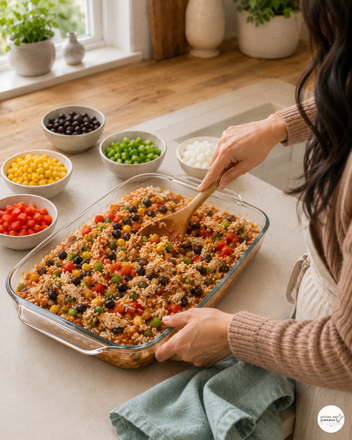 Mixing vegetables and beans into rice for one-pan chicken burrito casserole before baking
