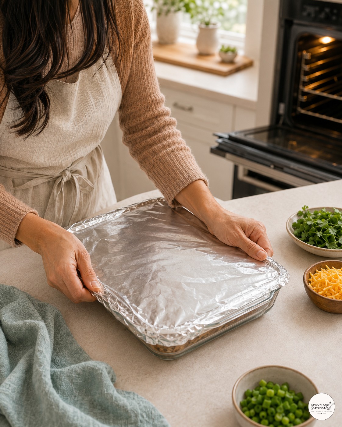 Sealing foil tightly over a glass dish of one-pan chicken burrito casserole before baking