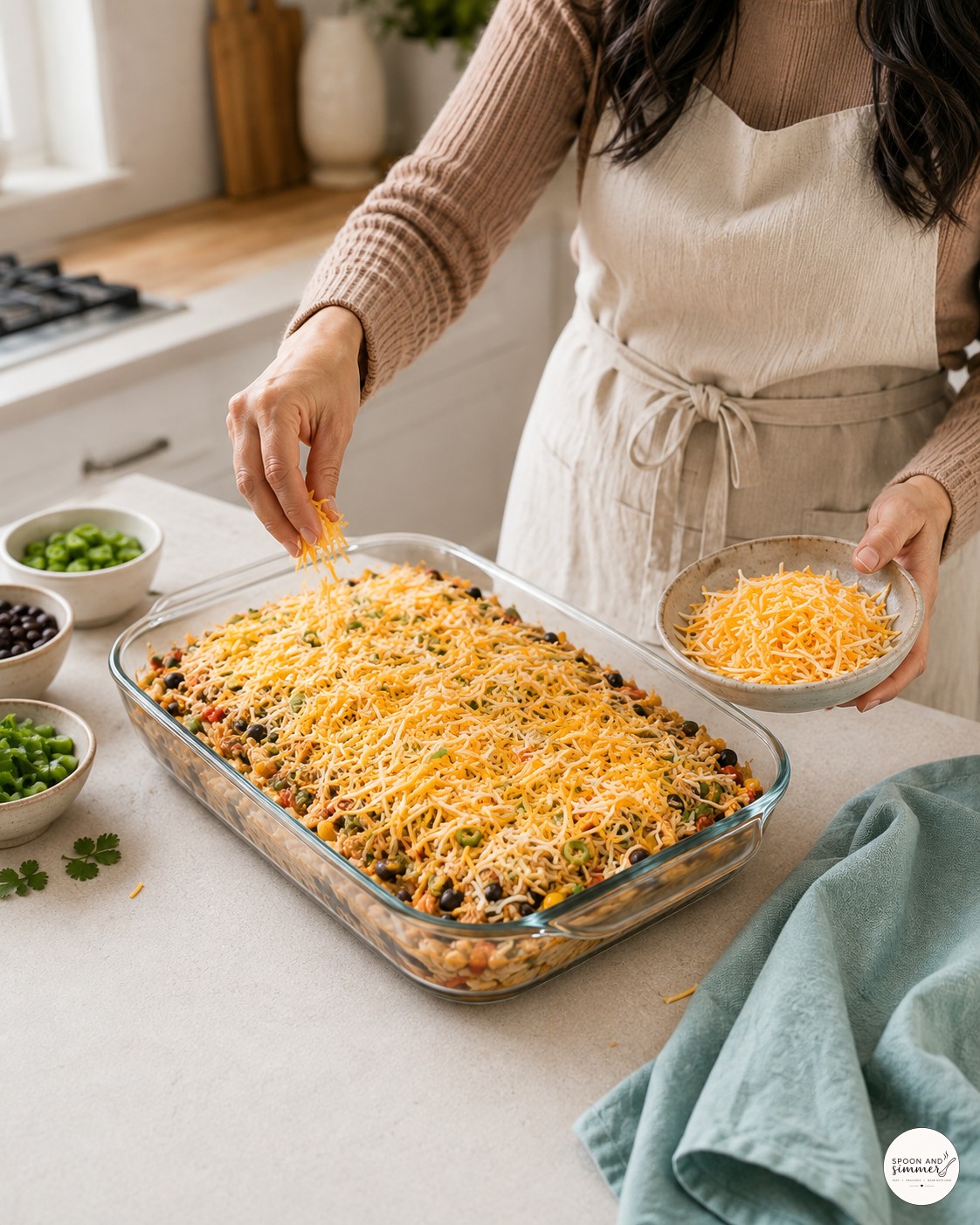 Sprinkling shredded cheese over one-pan chicken burrito casserole before the final bake