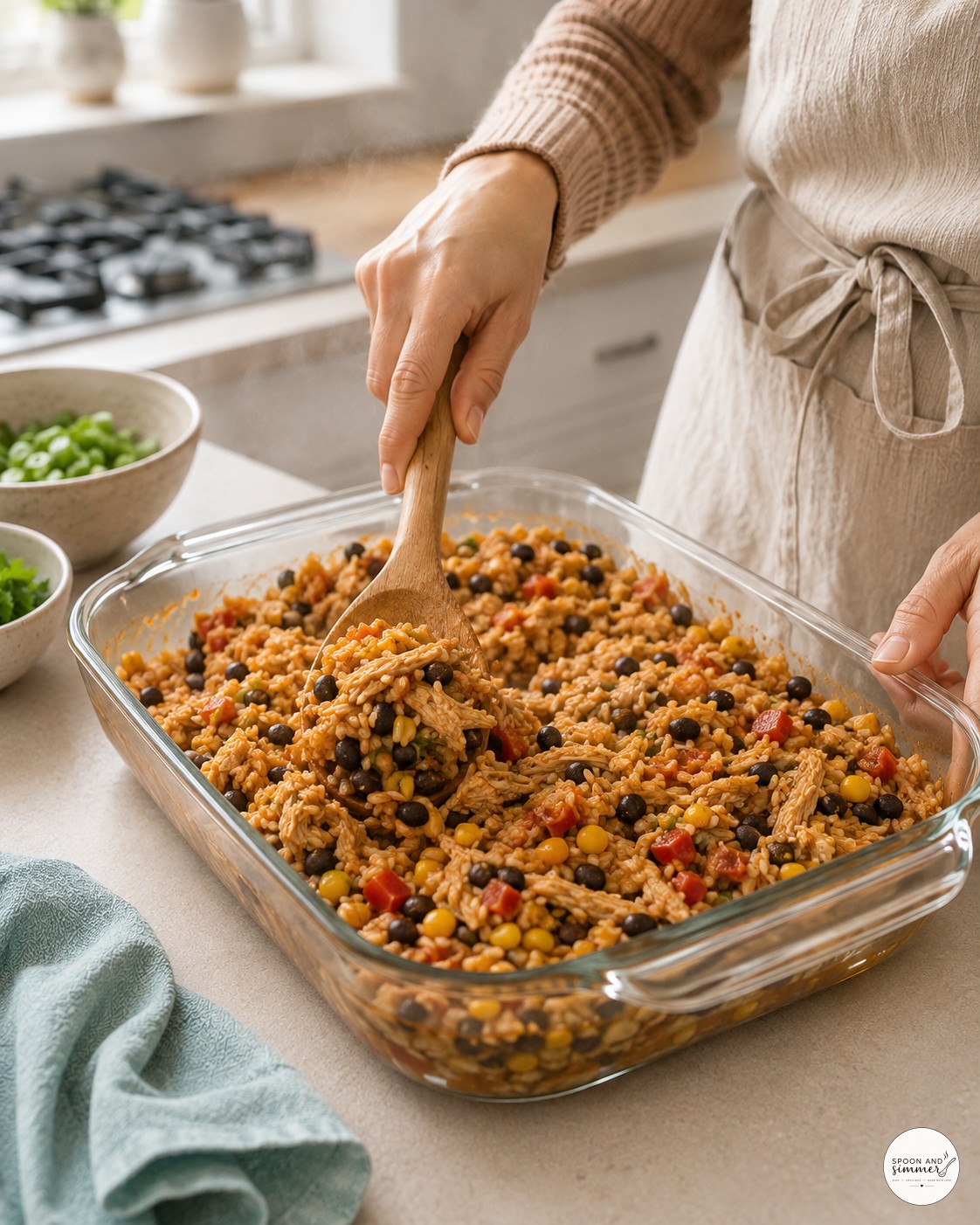 Stirring cooked rice and vegetables in one-pan chicken burrito casserole straight from the oven