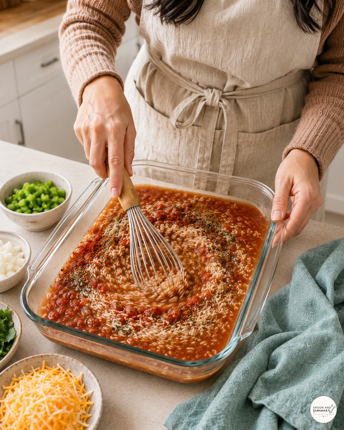 Whisking spices into salsa and broth for one-pan chicken burrito casserole in a glass dish
