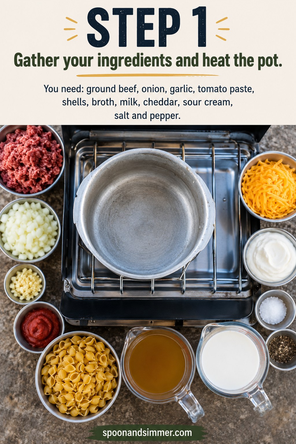 Raw ingredients for one pot camping hamburger helper laid out around a small camp stove pot
