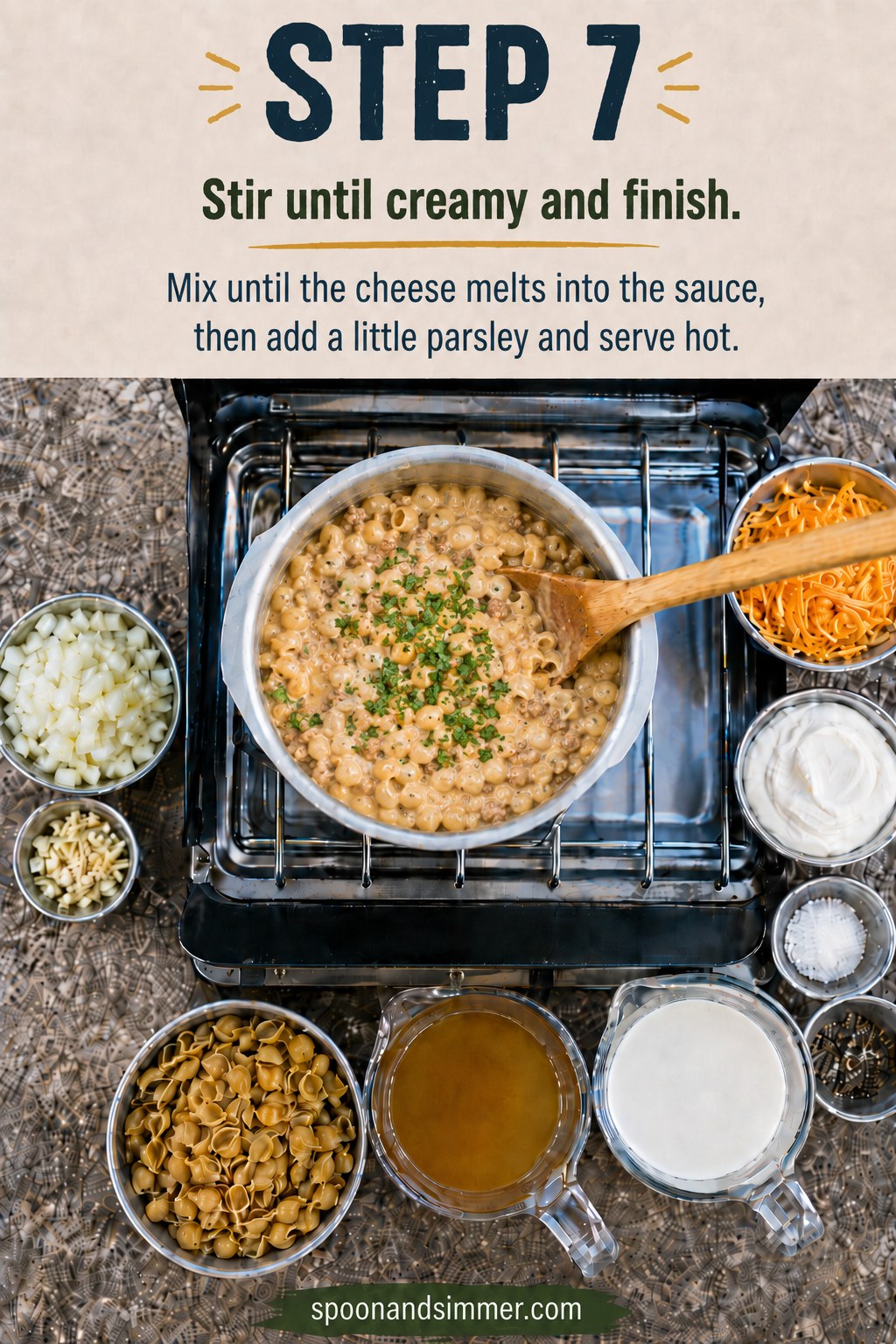 Creamy one pot camping hamburger helper stirred smooth and topped with fresh parsley