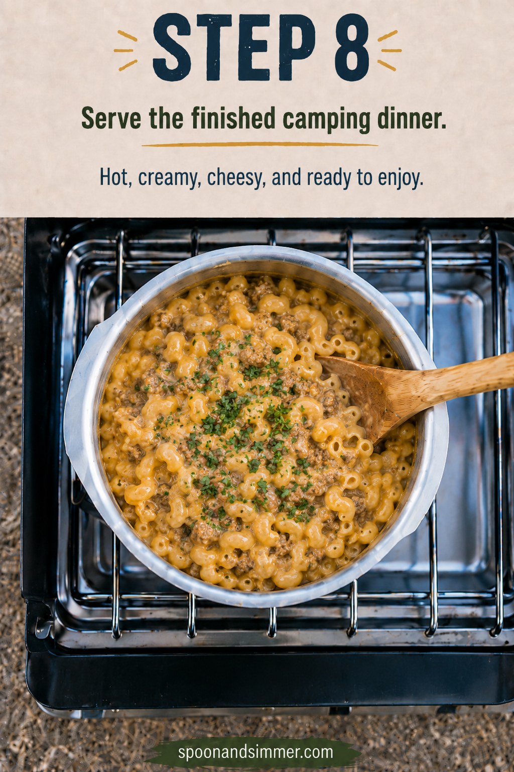 Finished one pot camping hamburger helper served hot and cheesy straight from the campsite pot