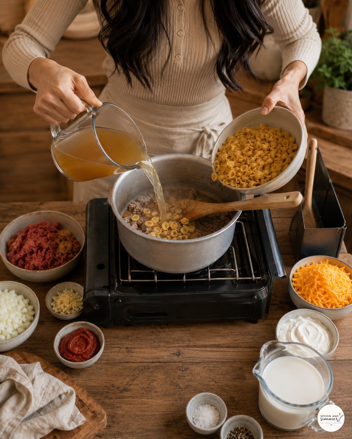 Broth and pasta shells being poured into a pot for one pot camping hamburger helper