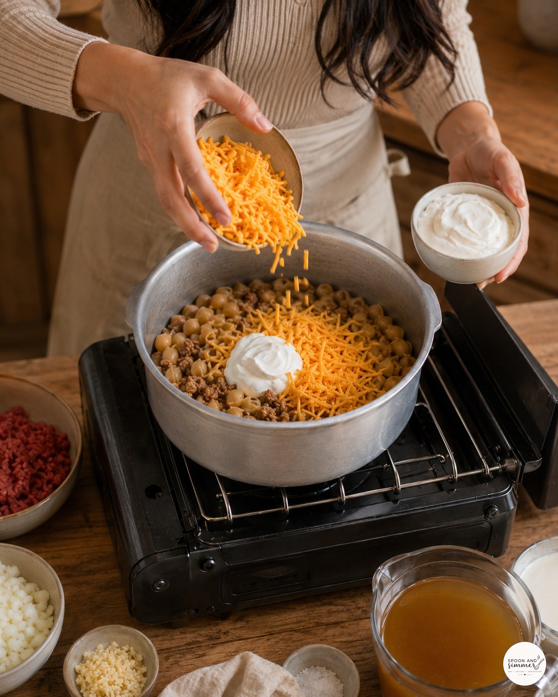 Cheddar cheese and sour cream being added by hand to hot hamburger helper in a camp pot