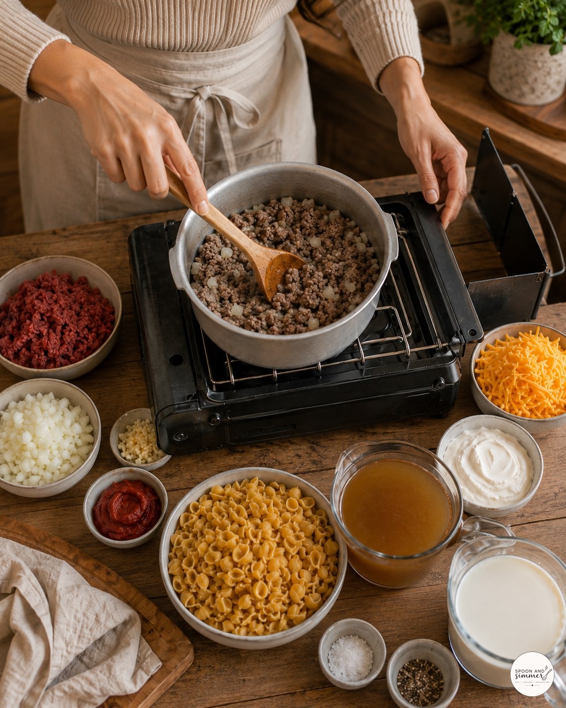 Hands stirring ground beef browning in a pot on a portable camp stove for hamburger helper