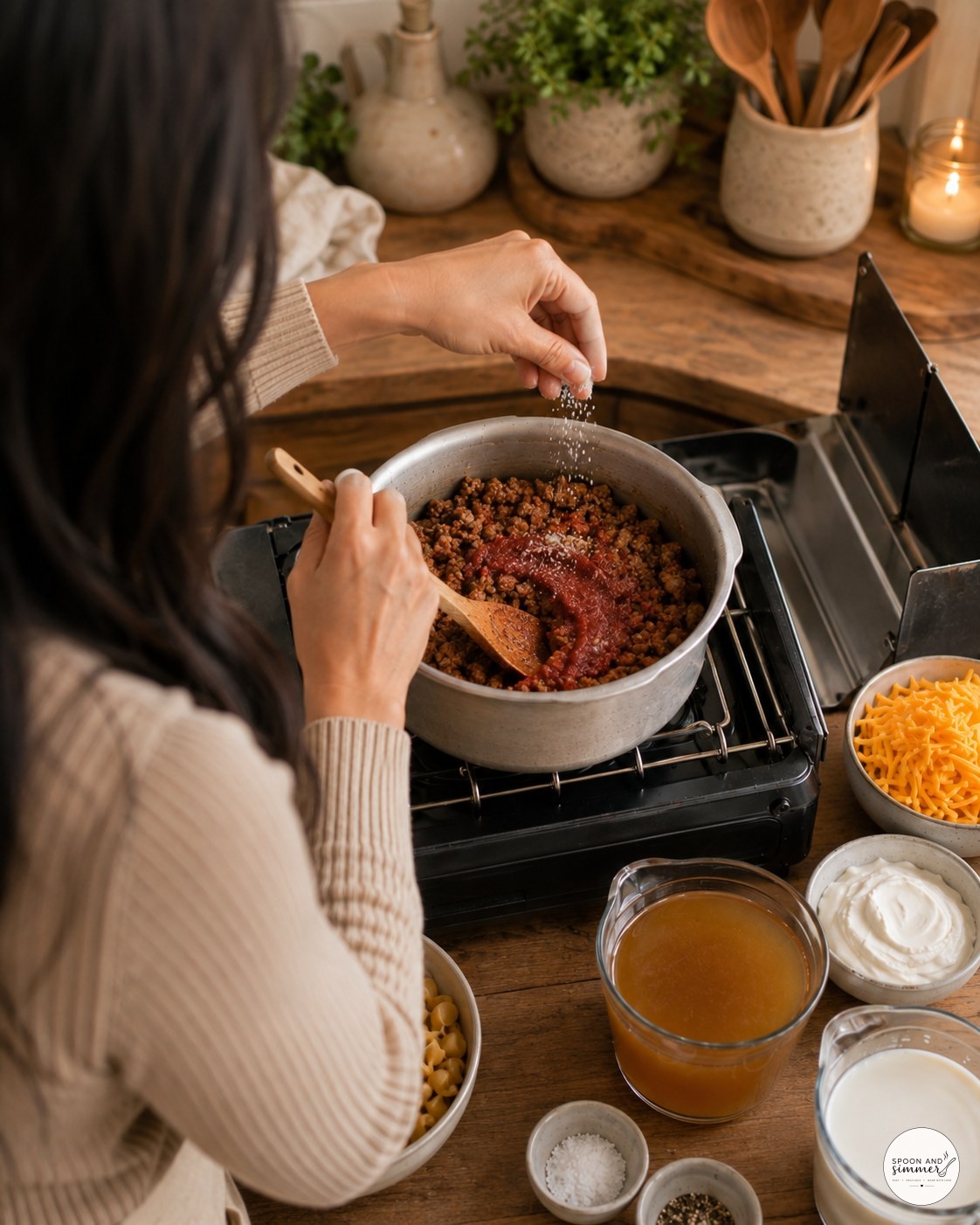 Salt and tomato paste being added to browned beef in a camping hamburger helper recipe