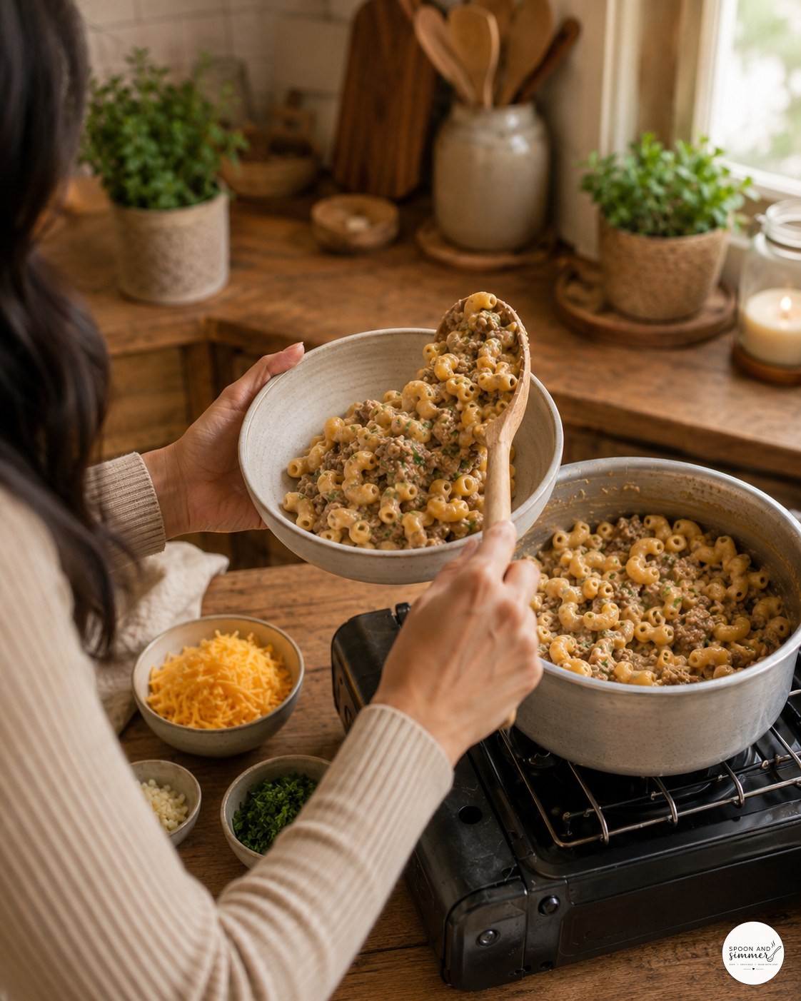 Spoon lifting a portion of creamy hamburger helper from the pot into a serving bowl