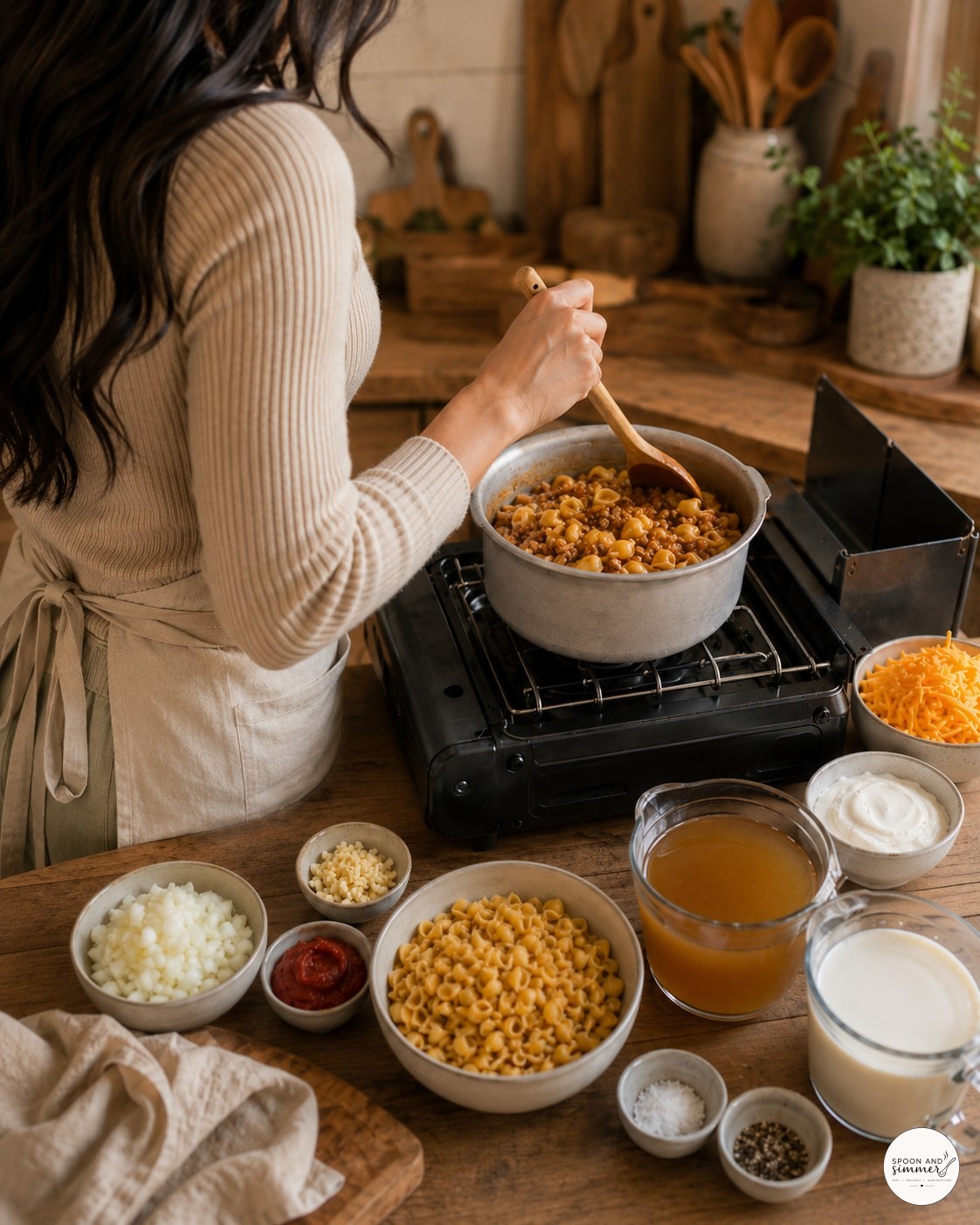 Wooden spoon stirring simmering camping hamburger helper on a portable stove outdoors